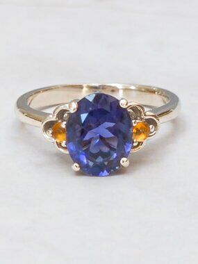 14K White Gold Iolite & Citrine Ring - 8×7 mm Oval, Alt Engagement, Size 5.75